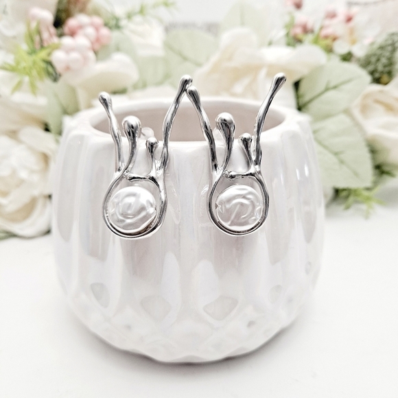 Silver Abstract statement earrings dangle Faux pearl metallic Modern 💖2/$30 - Picture 5 of 16